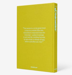 A yellow hardcover book titled "Splendido: The Radiant Stage of Portofino" by Assouline features a white quote on the back about the Splendido Hotel inspiring dreams of escape, with "Assouline" printed at the bottom.