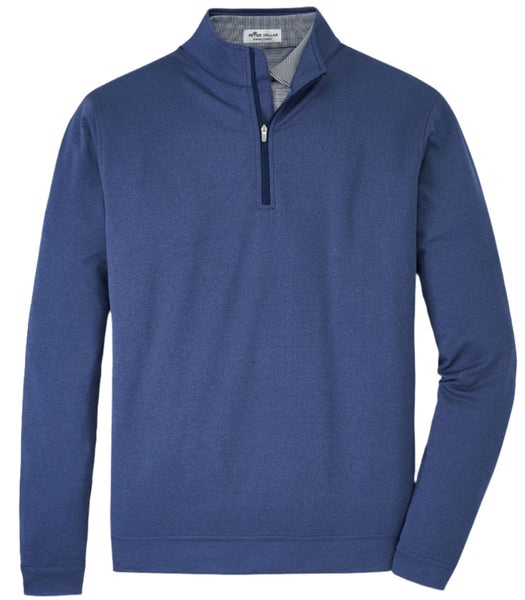 A PM Perth Melange Performance 1/4 Zip by Peter Millar with a high collar, long sleeves, and four-way stretch fabric offering UPF 50+ protection.