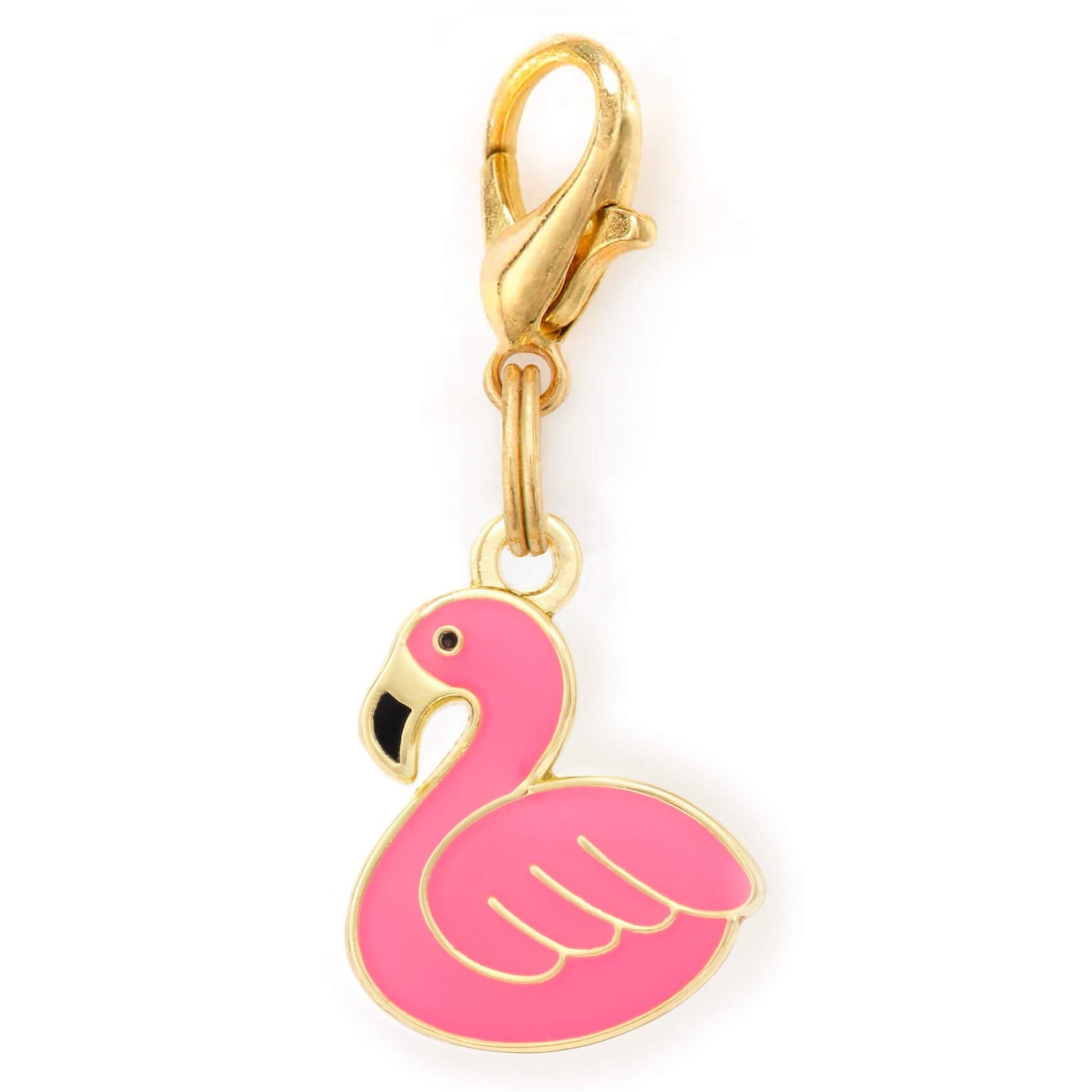 The Flamingo Collar Charm by Foggy Dog features a pink enamel flamingo and a gold clasp—ideal as a durable dog collar accessory or a stylish keychain addition.