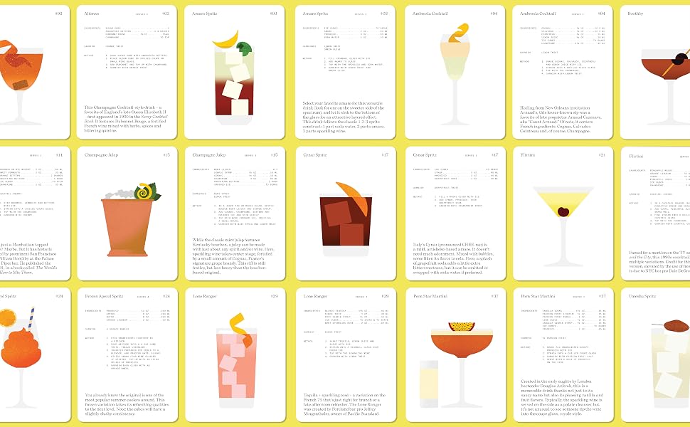 A grid of illustrated recipe cards from *The Cocktail Cabinet: Spritz* by Penguin Random House, each showcasing a vibrant drink illustration, ingredient list with measurements, and concise preparation tips on a white background with yellow borders—ideal for discovering favorite mixologist creations and refreshing spritz cocktails.