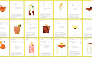A grid of illustrated recipe cards from *The Cocktail Cabinet: Spritz* by Penguin Random House, each showcasing a vibrant drink illustration, ingredient list with measurements, and concise preparation tips on a white background with yellow borders—ideal for discovering favorite mixologist creations and refreshing spritz cocktails.