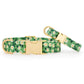 Two Dainty Daisies Dog Collars by The Foggy Dog, featuring green floral patterns with petite white daisies and gold hardware, are displayed on a white background.