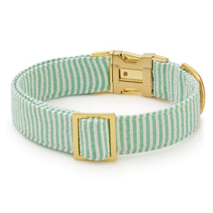 The Foggy Dog's Green Seersucker Dog Collar features light green and white stripes, a gold-tone metal buckle, and an adjustable slider, shown on a white background.