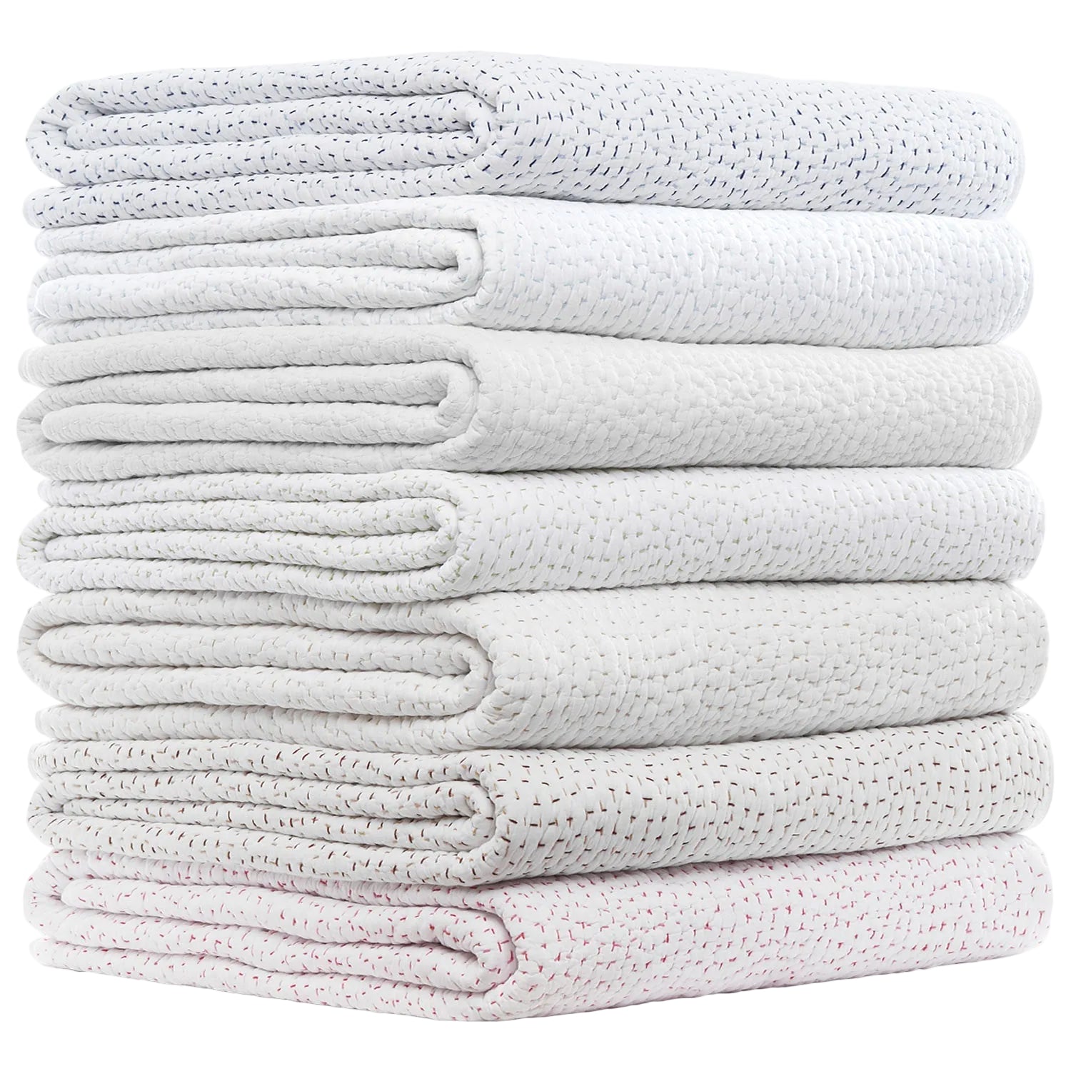 A neatly stacked pile of six folded, white quilted blankets with subtle colored stitching is arranged against a plain white background—a perfect showcase for the John Robshaw Hand-Stitched Bedding Collection, crafted from airy organic cotton voile and finished with delicate hand-stitched detailing.