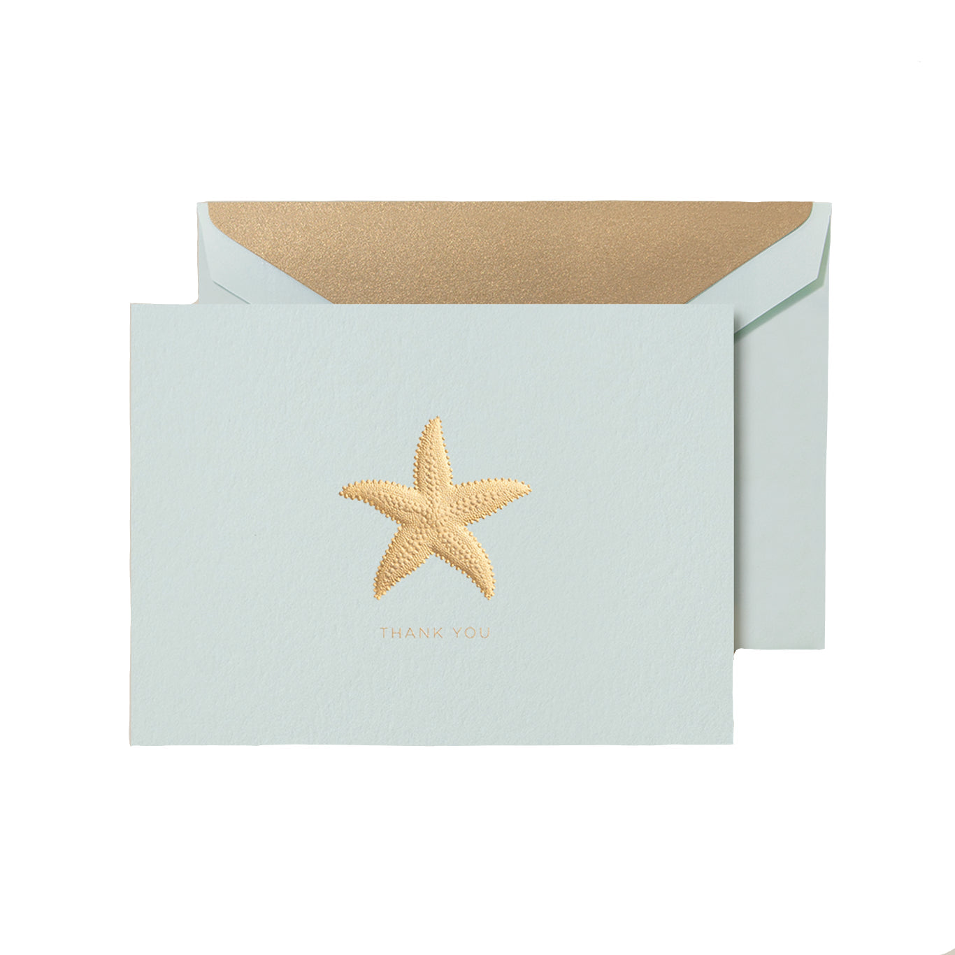 The Crane Thank You Gold Starfish Folded Card Set features a light blue Beach Glass card with a metallic gold starfish design and comes with a matching gold-lined envelope.