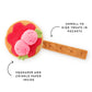 The Foggy Dog’s Strawberry Pancake Interactive Dog Toy features a tart-shaped design with a brown handle, pink topping, hidden treat pockets, squeaker, and crinkle paper for engaging playtime.