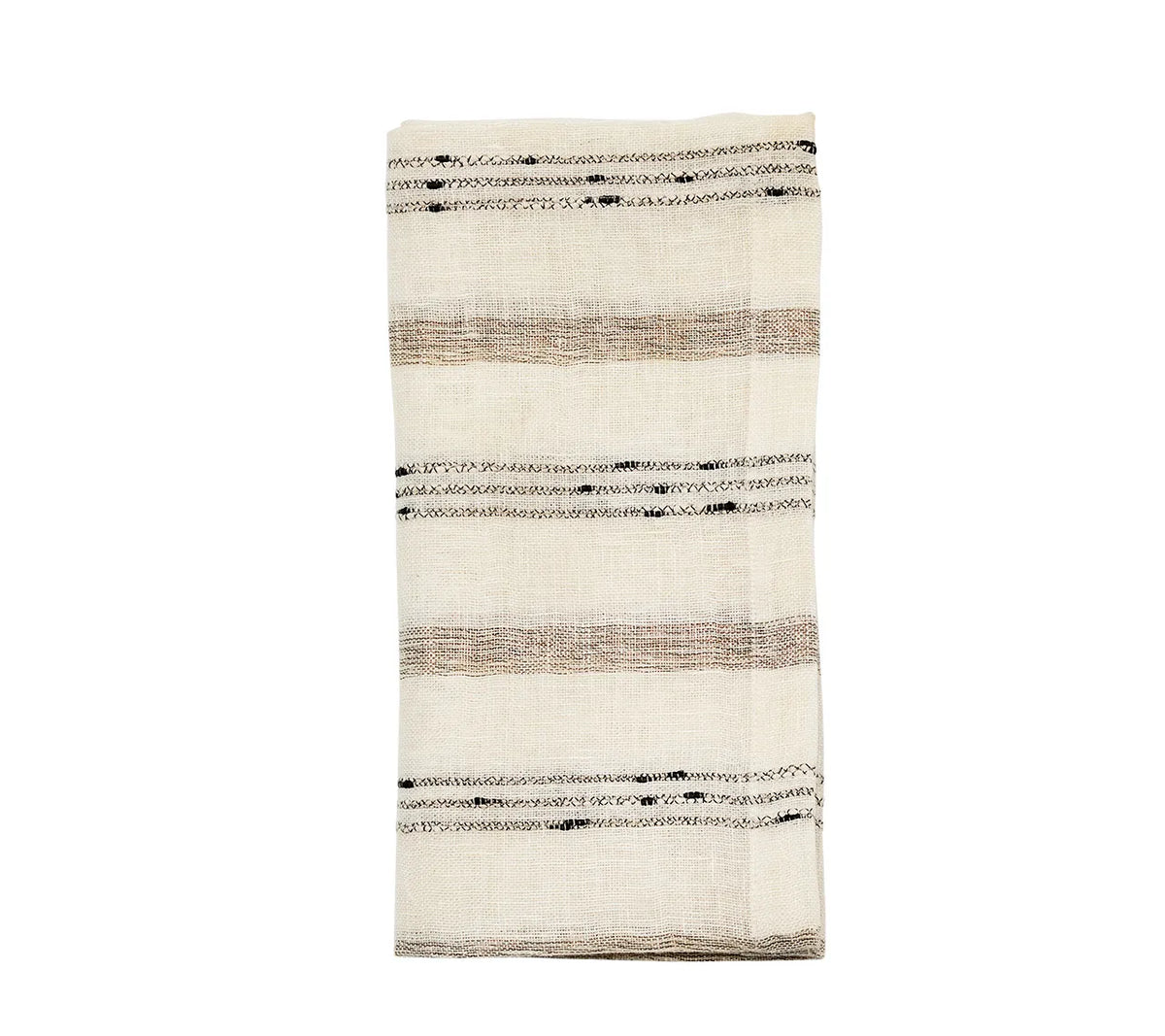 Folded Stria Ivory & Black Napkin featuring horizontal tan stripes and black dashed detailing.
