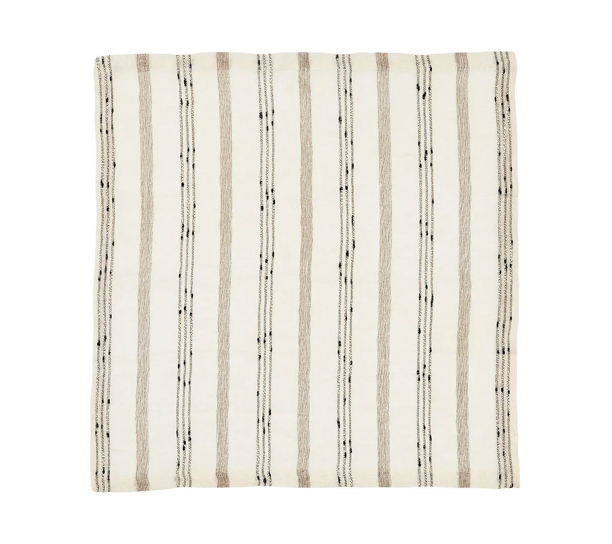 Off-white square Stria Ivory & Black Napkin with vertical tan and black textured stripes.