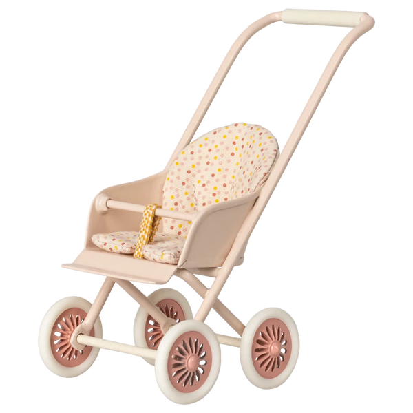 A Maileg Stroller, Micro - Powder, from the brand Maileg featuring a beige bunny theme with four wheels and a floral-patterned seat cushion.