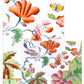 Caspari’s Summer Palace Collection triple-ply napkins feature red, pink, and orange flowers with green foliage and colorful birds and butterflies on a white background—adding a vibrant touch to any occasion.