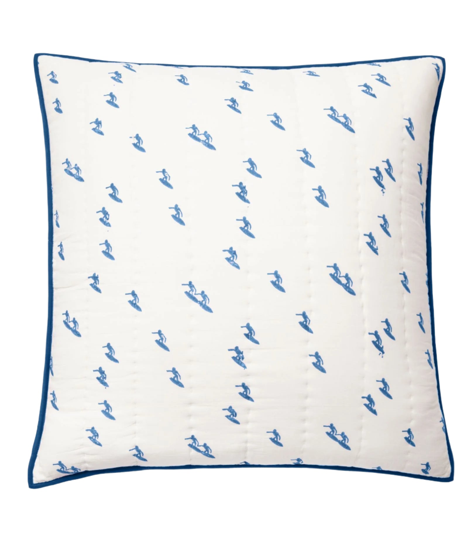 The Averylily Surfer Bedding Collection features a square pillow in soft cotton voile with a white background, blue trim, and a repeating blue horse and rider pattern inspired by artisanal block printing.