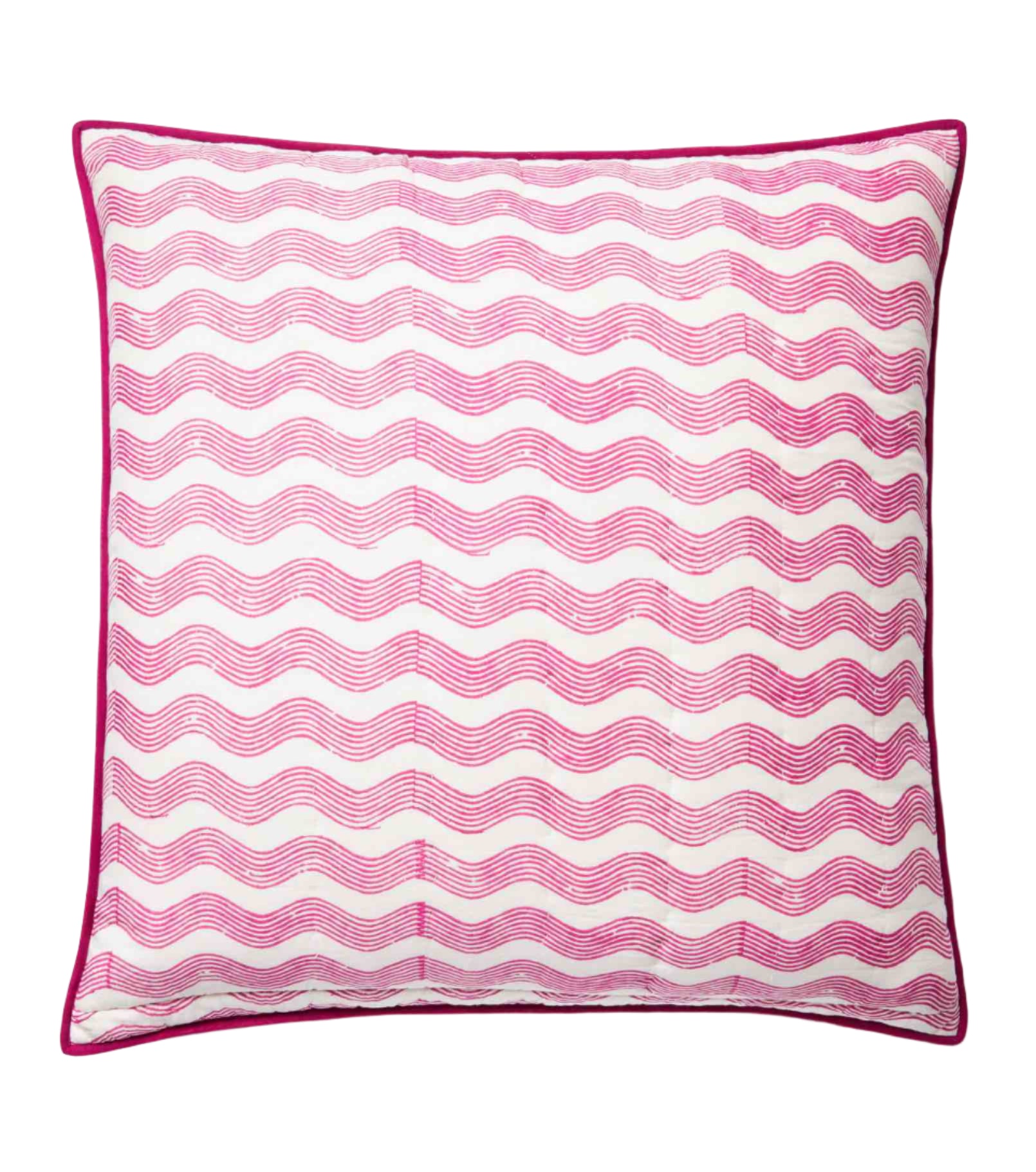 The Surfer Bedding Collection by Averylily features a square pillow with a white background, pink wavy lines, and a solid pink border, inspired by artisanal block printing seen in Hawaiian quilts.