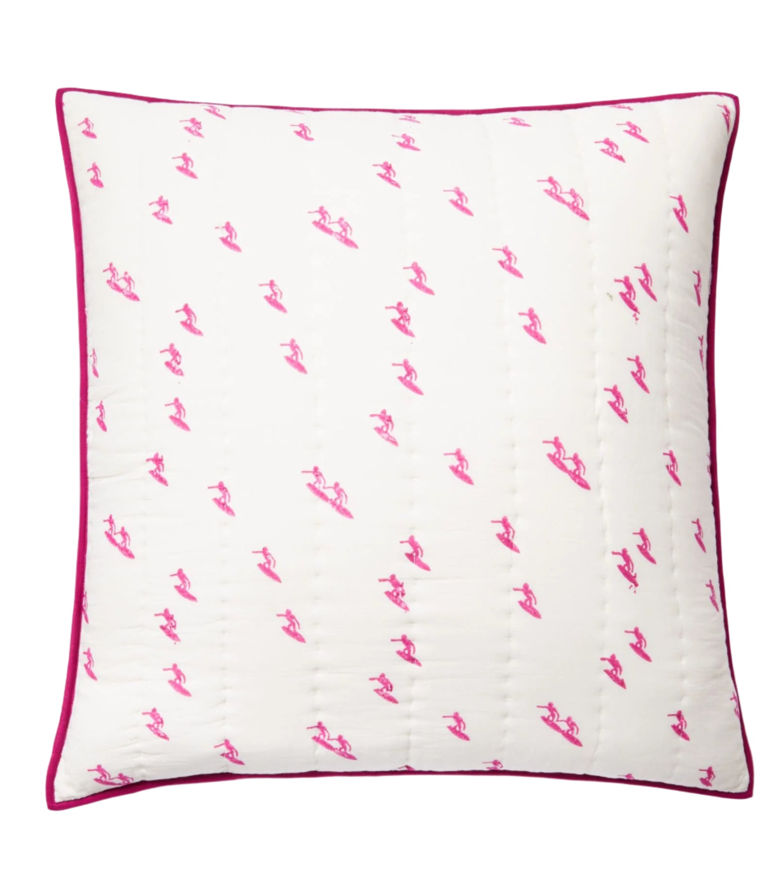 The Averylily Surfer Bedding Collection features a square white cotton voile pillow with small pink horse and rider silhouettes, artisanal block print-inspired, and finished with a pink piped edge.