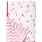 The Averylily Surfer Bedding Collection features a folded white quilt in soft cotton voile with pink bird prints inspired by artisanal block printing on one side, pink wavy lines on the other, and finished with pink trim.
