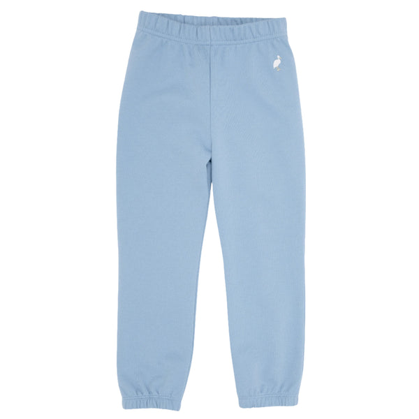 The Beaufort Bonnet Company Gates Sweeney Sweatpant in light blue, crafted from 100% Pima Cotton Knit, featuring an elastic waistband and cuffs with a small white rabbit logo on the hip.