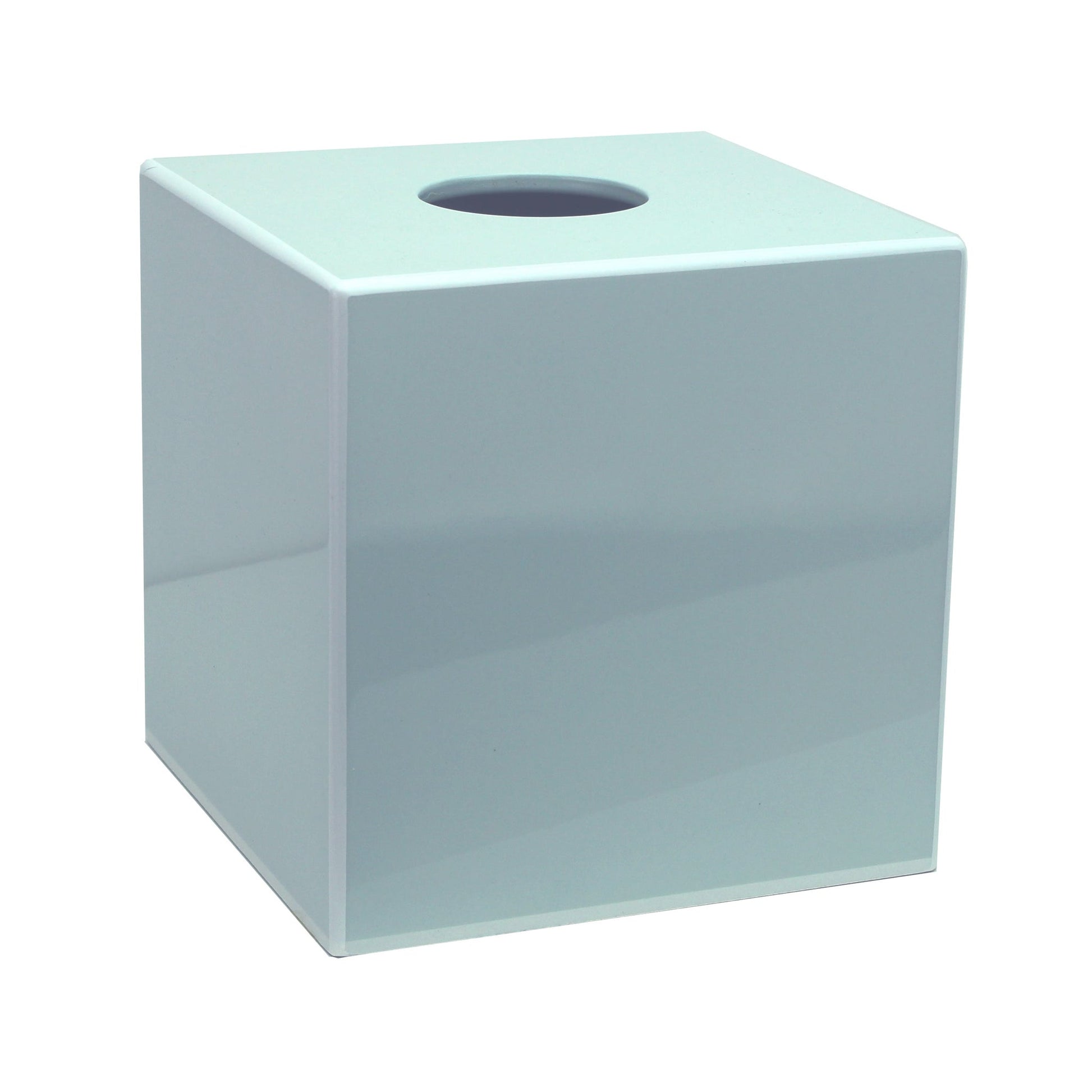The Addison Ross Lacquer Tissue Box Collection features a cube-shaped, light blue high gloss cover with a circular top opening and a removable magnetic base.