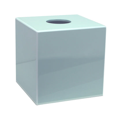 The Addison Ross Lacquer Tissue Box Collection features a cube-shaped, light blue high gloss cover with a circular top opening and a removable magnetic base.