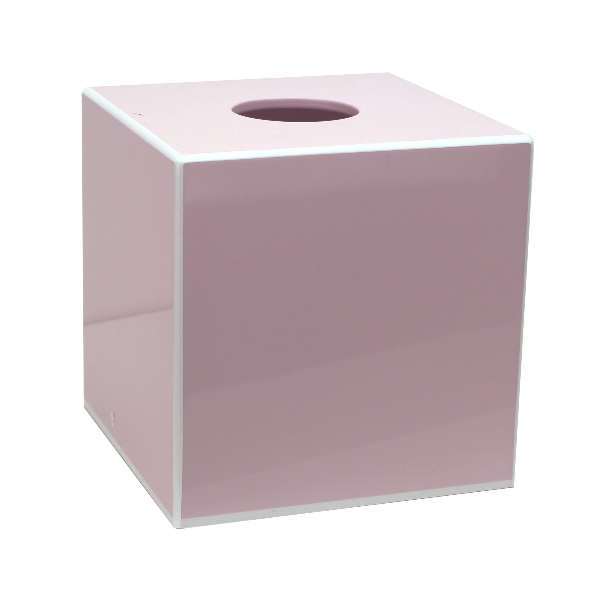The Addison Ross Lacquer Tissue Box Collection features a pink high gloss square cover with white-edged trim, a circular top opening, and a magnetic removable base for easy refills.