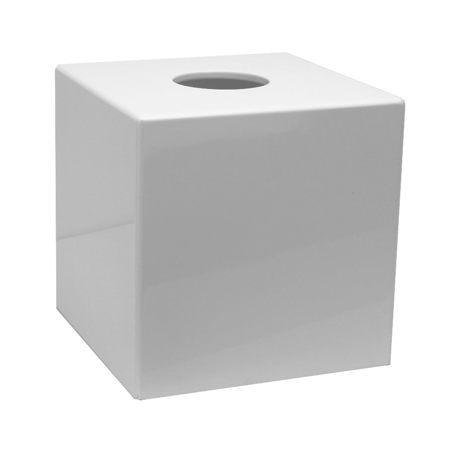 The Lacquer Tissue Box Collection by Addison Ross features a white, square tissue box cover with a high gloss finish, circular opening, and removable magnetic base. Shown on a plain white background.