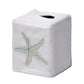 Elevate your home décor with the Haute Home Starfish Coaster & Bath Collection: a white fabric tissue box cover featuring a blue starfish motif on one side, meticulously crafted from premium Italian linen and photographed against a simple white background.