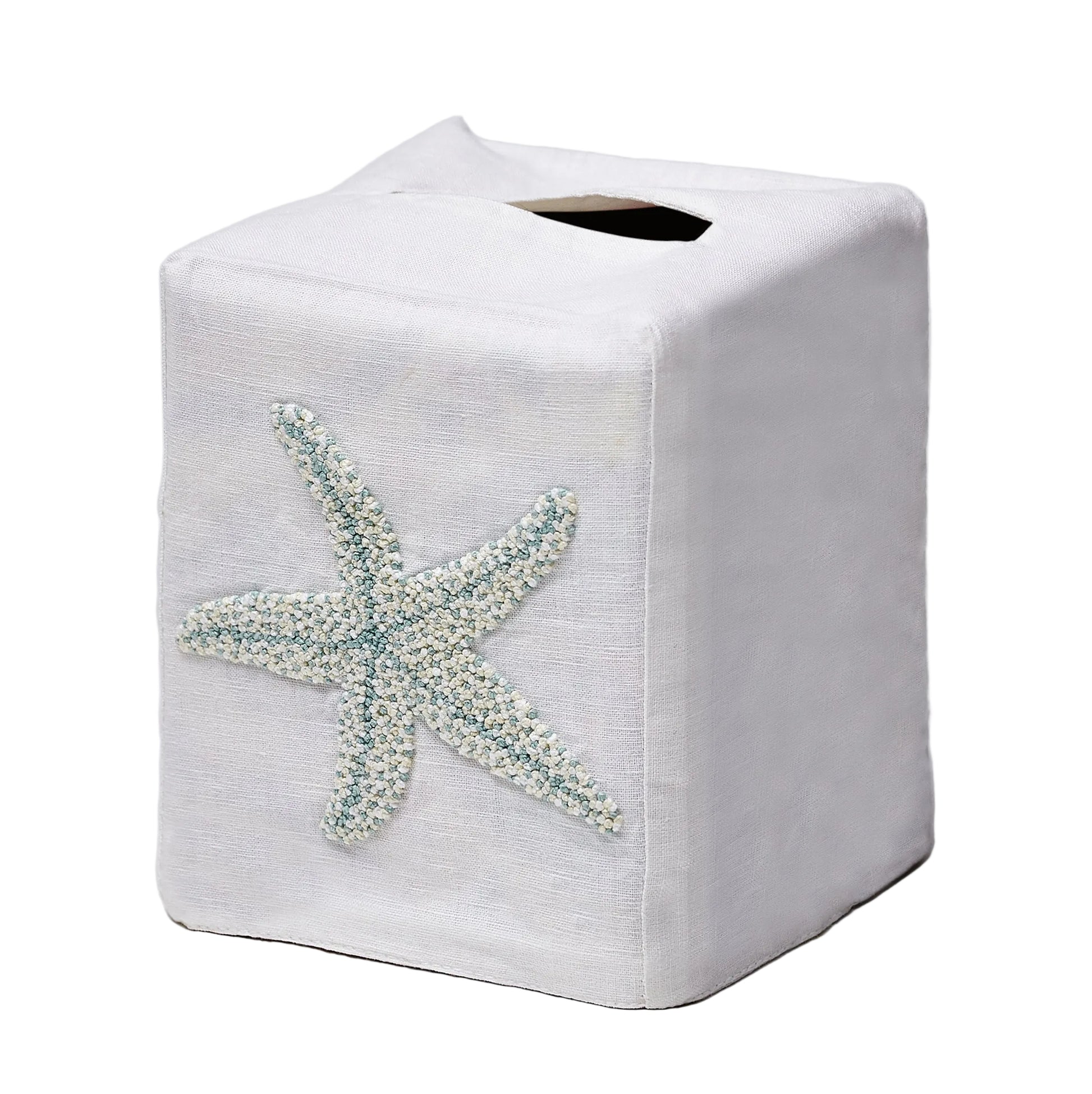 Elevate your home décor with the Haute Home Starfish Coaster & Bath Collection: a white fabric tissue box cover featuring a blue starfish motif on one side, meticulously crafted from premium Italian linen and photographed against a simple white background.