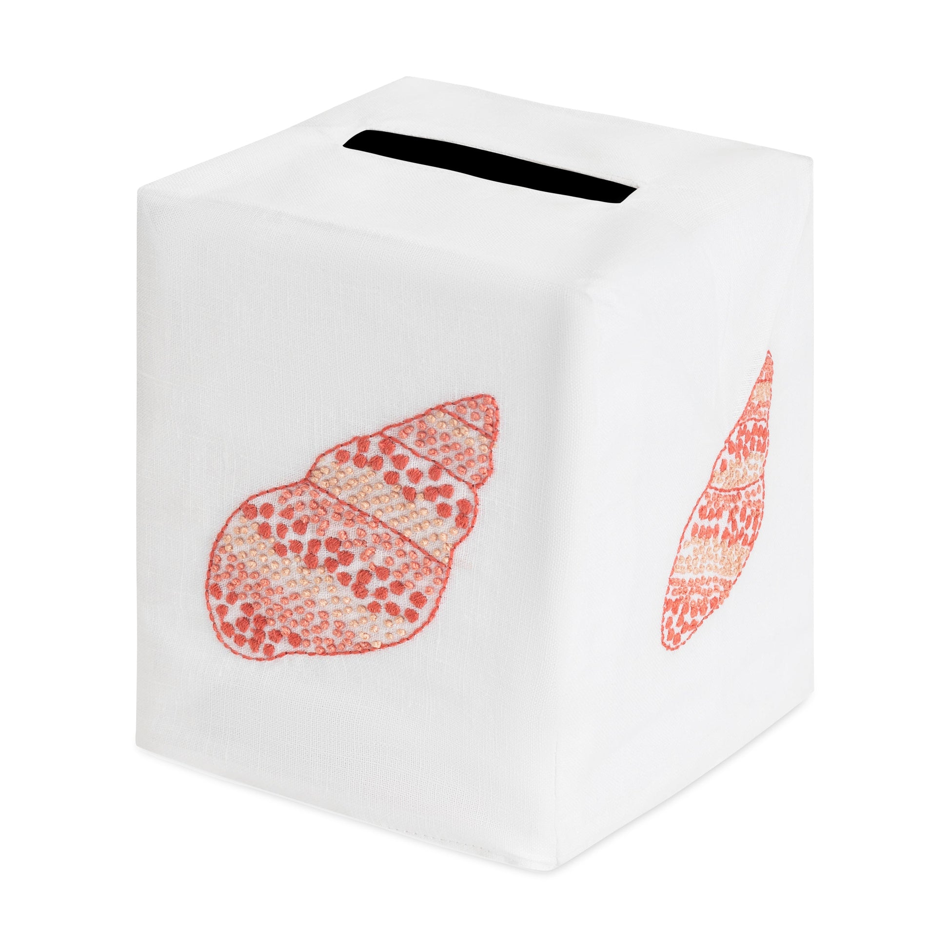 Elevate your space with the Haute Home Speckled Conch Coaster & Bath Collection: this white tissue box cover features a red embroidered seashell design on the front and side, crafted from luxurious Italian linen—a perfect touch of linen home decor shown on a plain white background.