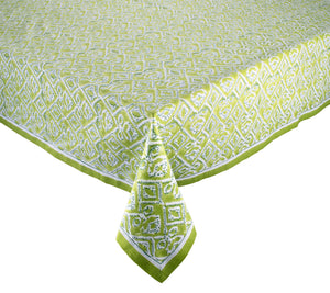 The Kim Seybert Alfresco Tablecloth, made from 100% cotton, elegantly features a white geometric pattern inspired by Indian block printing.