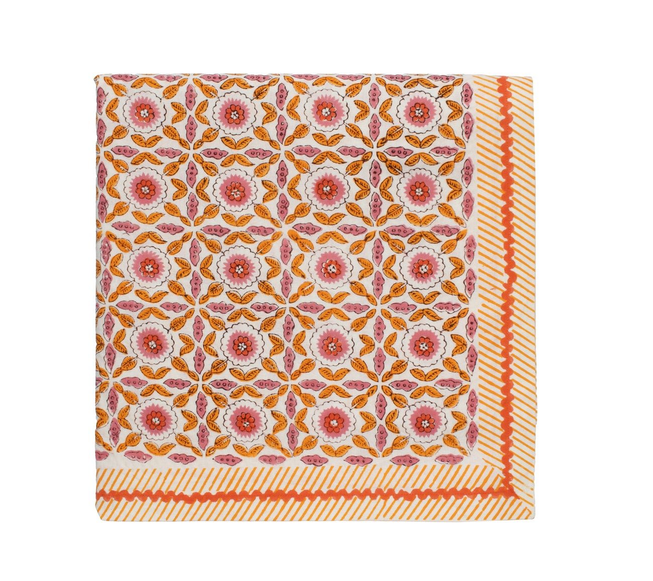 Square fabric napkin from the Kim Seybert Majorelle Tablecloth Collection, showcasing a floral and leaf motif in orange, pink, and white with a diagonal striped border—evoking the charm of Indian block printing.