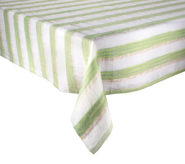 The Kim Seybert Green and White Broad Stripe Collection features a rectangular tablecloth with green and white stripes, ideal for creating a coastal-inspired table setting.