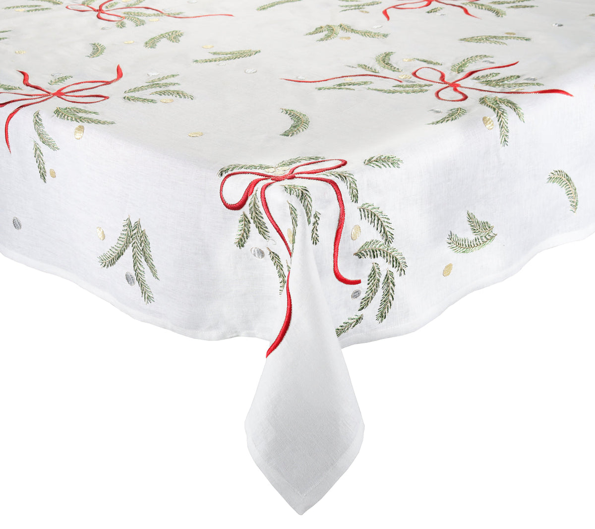 Merry and Bright Tablecloth featuring white embroidery with green pine boughs, gold dots, and red ribbons.