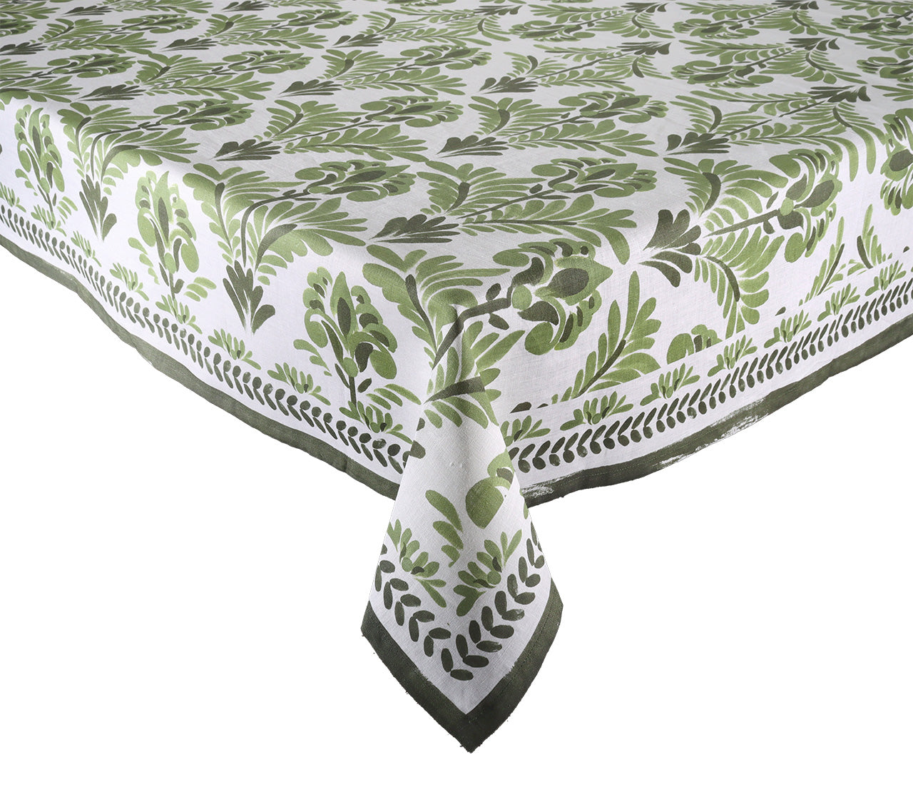 The Botanica Tablecloth Collection by Kim Seybert features a rectangular white cloth with a green leafy botanical pattern and dark green border, bringing elegance to any setting.