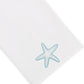 Elevate your home décor with the Playful Starfish Bath Collection from Haute Home—a white, premium linen napkin adorned with a light blue embroidered starfish in one corner for a touch of elegance.