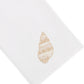 Haute Home’s Speckled Conch Coaster & Bath Collection features a white Italian linen napkin adorned with an embroidered beige seashell motif on one corner, shown against a crisp white background—an ideal accent to infuse coastal elegance into your linen home decor.