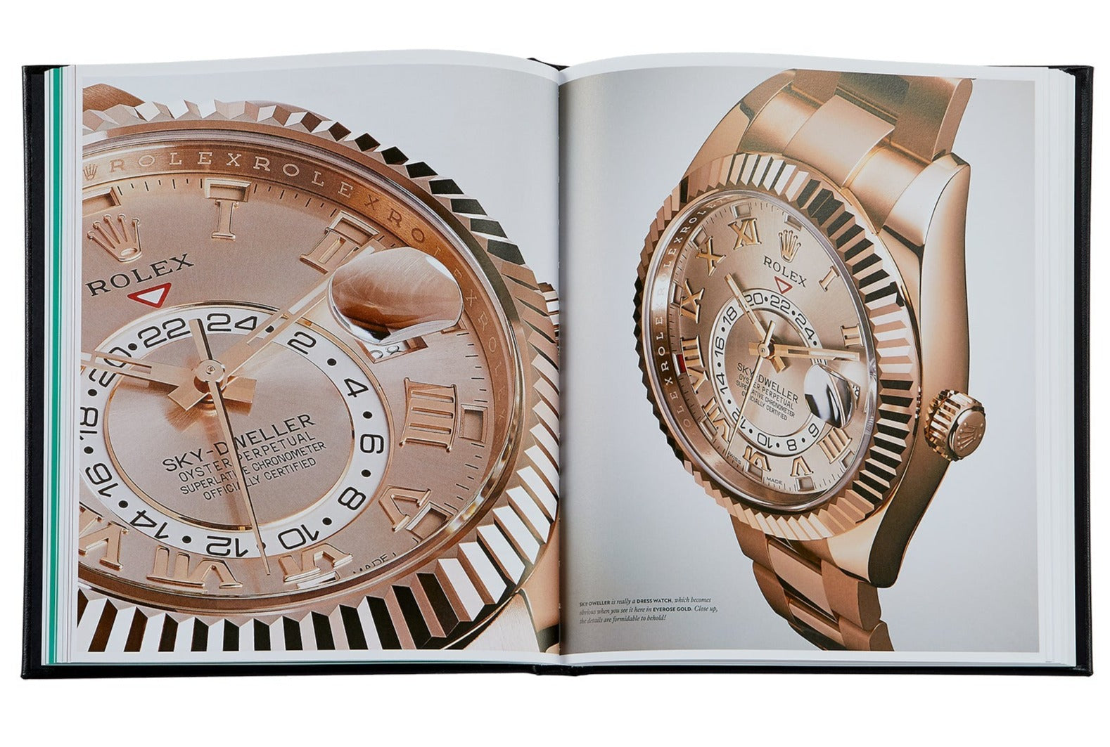 An open book showing detailed images of two rose gold wristwatches, perfect for aspiring Rolex collectors seeking to spot fakes with confidence can be found in "The Book of Rolex" by Graphic Image.