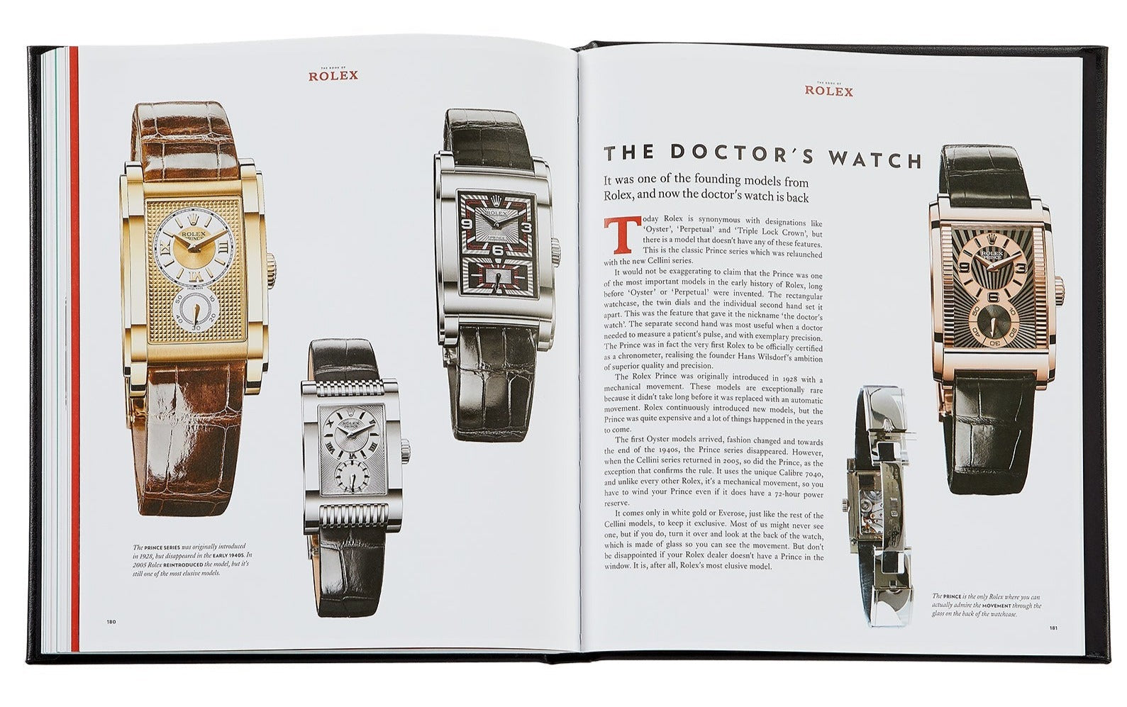 Open book displaying various wristwatches with descriptions. The left page features four watches; the right page includes an article titled "The Doctor's Watch" alongside an image of a Graphic Image wristwatch, offering tips for aspiring Graphic Image collectors on how to spot fakes.