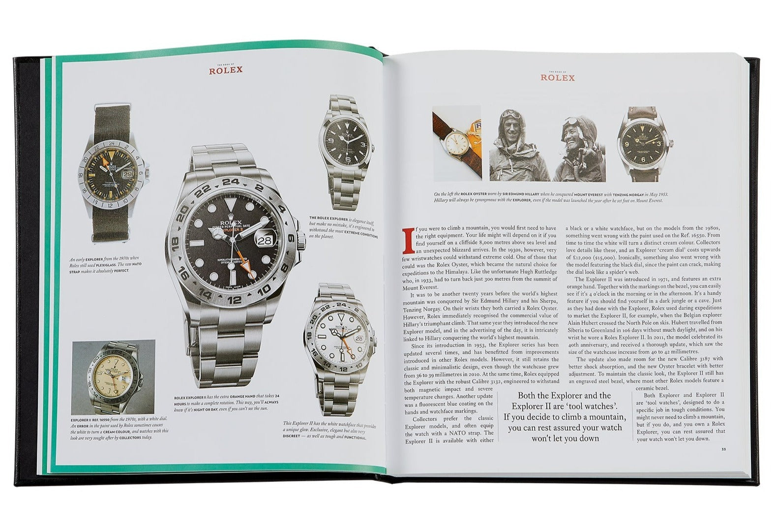 An open book displaying various Rolex wristwatches on the left page and text on the right page, detailing models and information about the Explorer and Explorer II watches—*The Book of Rolex* by *Graphic Image*, an essential guide for aspiring Rolex collectors looking to spot fakes.
