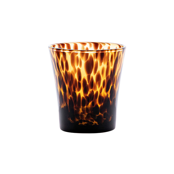The Juliska Puro Tortoiseshell Drinkware Collection features a small tumbler with a rich brown and amber pattern, perfect for handcrafted cocktails and elegantly set against a white background.