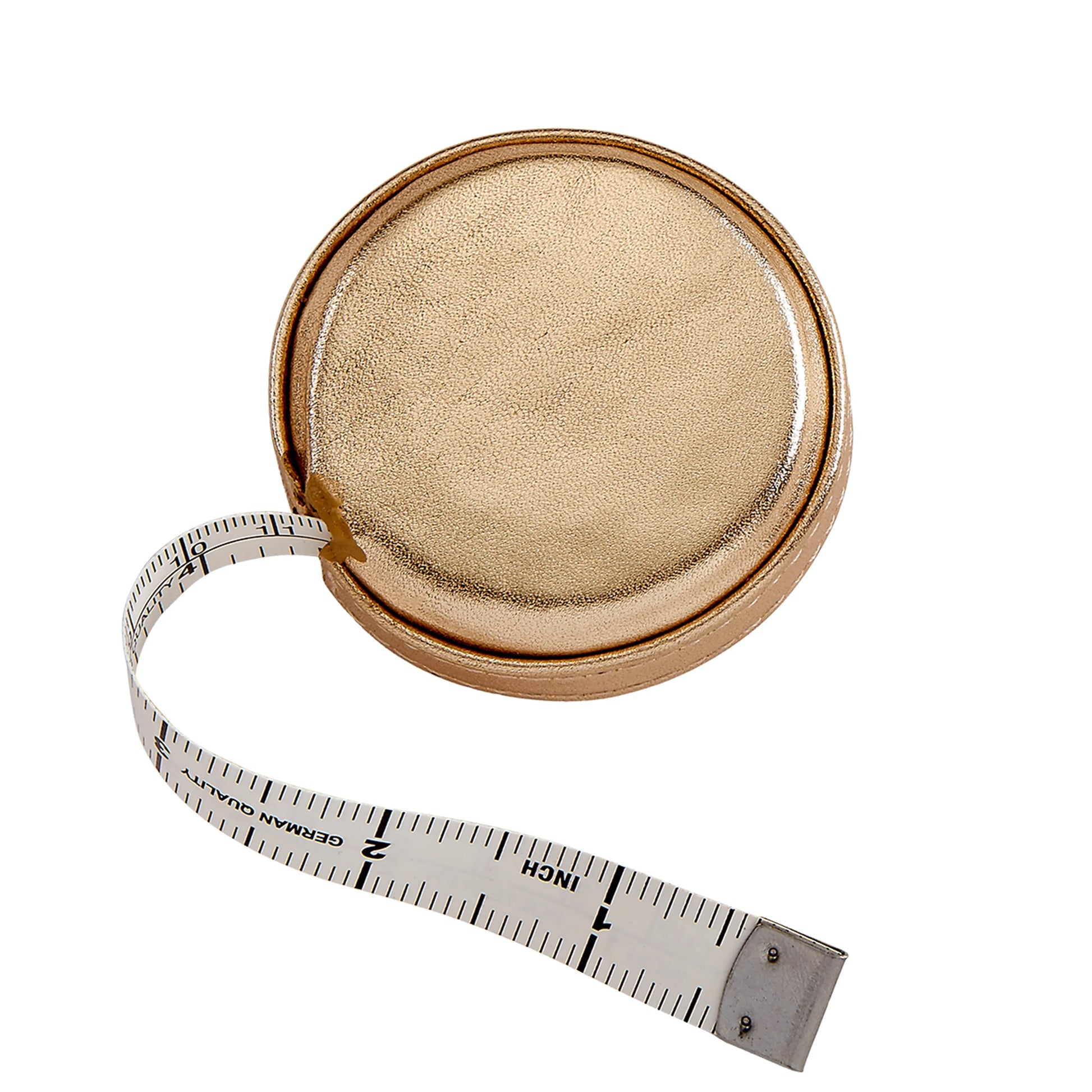 The Graphic Image Leather Tape Measure features a gold-colored round case and a white tape with inch markings, ideal for sewing and crafting projects.