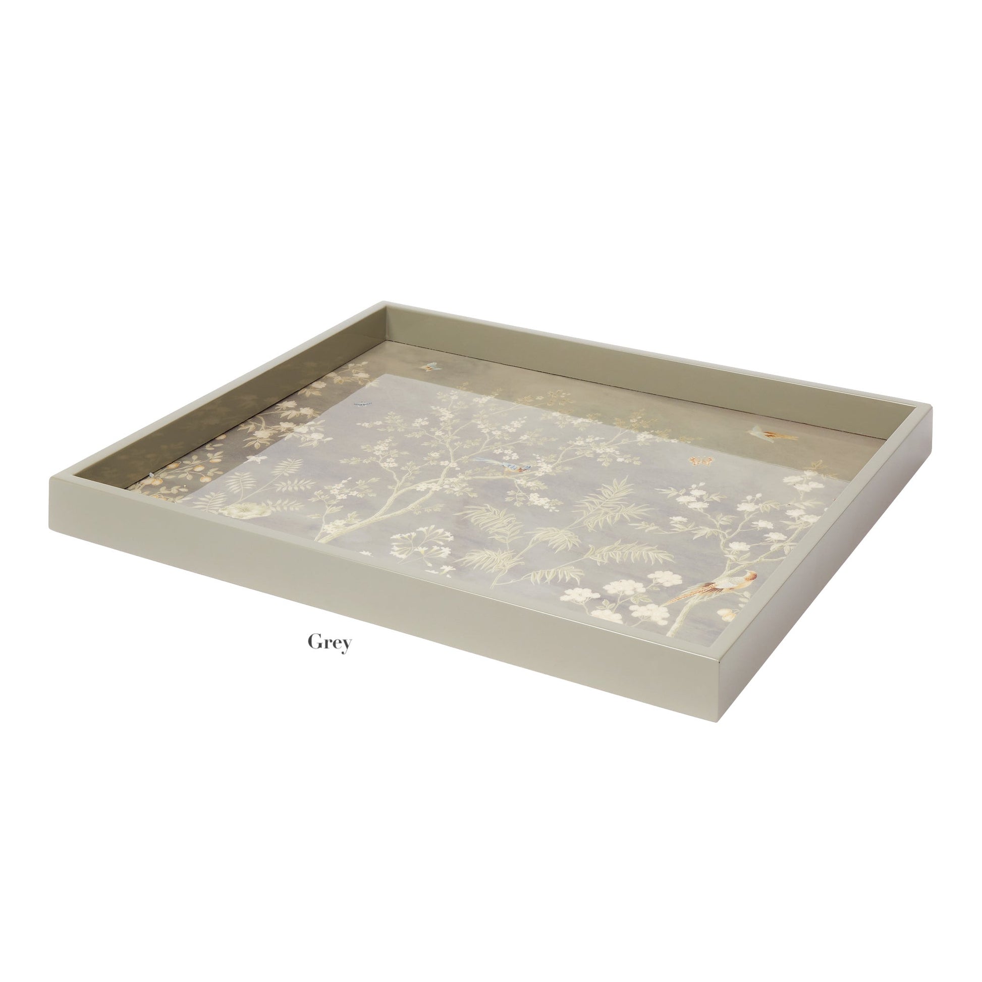 The Addison Ross Medium Chinoiserie Tray Collection features a rectangular tray with raised edges, a light grey frame, floral and bird design on the base, and "Grey" printed below.