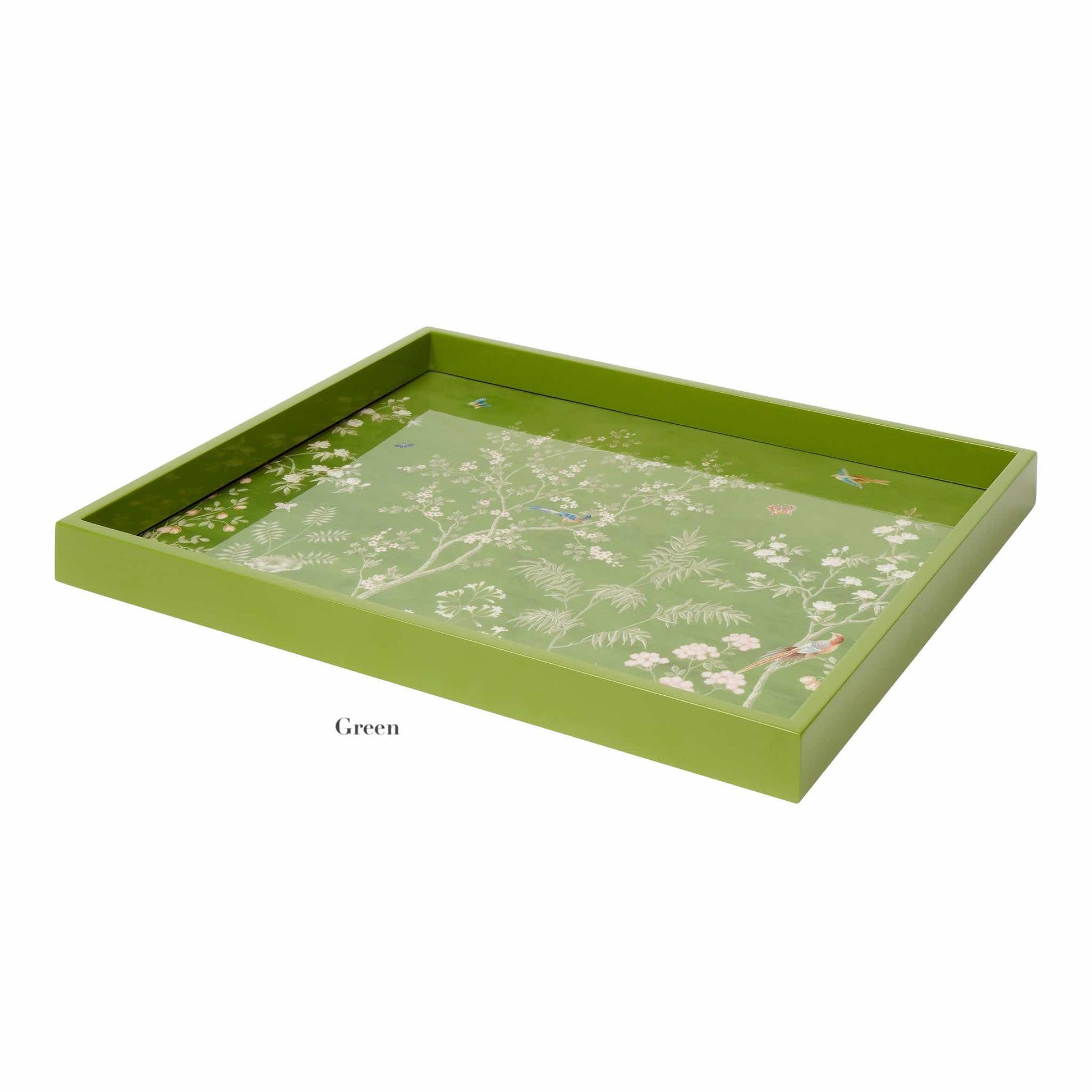 The Addison Ross Medium Chinoiserie Tray Collection features a rectangular green tray with an elegant high-gloss lacquer finish and decorative floral and bird pattern for a sophisticated touch.