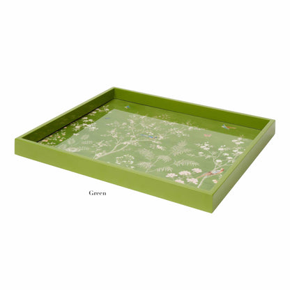 The Addison Ross Medium Chinoiserie Tray Collection features a rectangular green tray with an elegant high-gloss lacquer finish and decorative floral and bird pattern for a sophisticated touch.