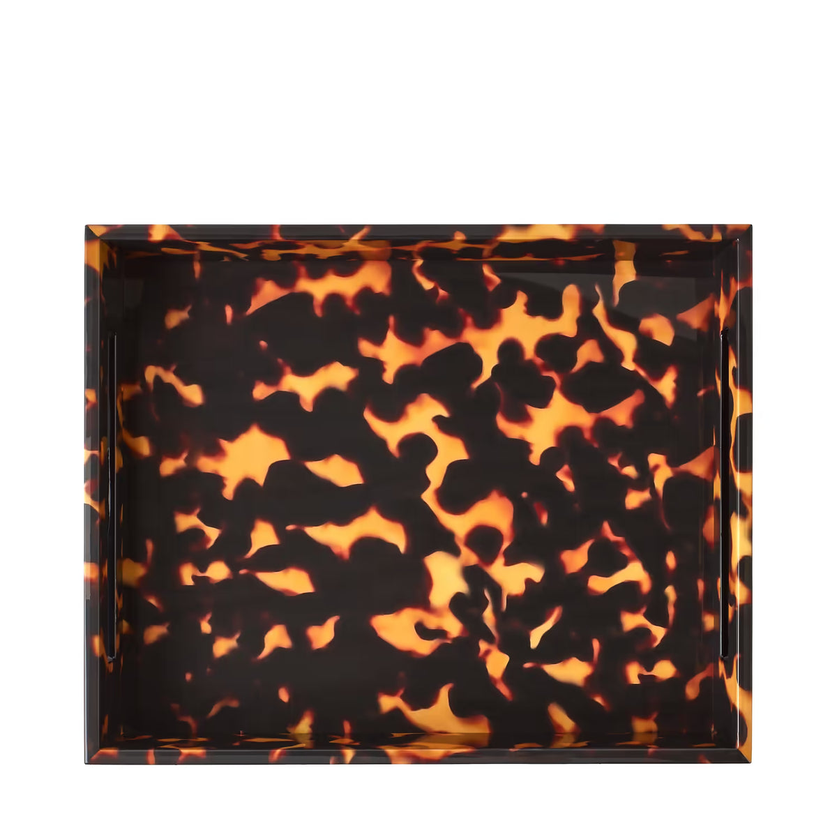 The Addison Ross Faux Tortoise Tray features a rectangular design with a striking black and amber tortoiseshell pattern, showcased here from above against a white background. With its high-gloss lacquered finish, this luxury serving tray brings an elegant touch of sophistication to any occasion.
