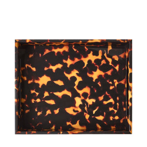 The Addison Ross Faux Tortoise Tray features a rectangular design with a striking black and amber tortoiseshell pattern, showcased here from above against a white background. With its high-gloss lacquered finish, this luxury serving tray brings an elegant touch of sophistication to any occasion.