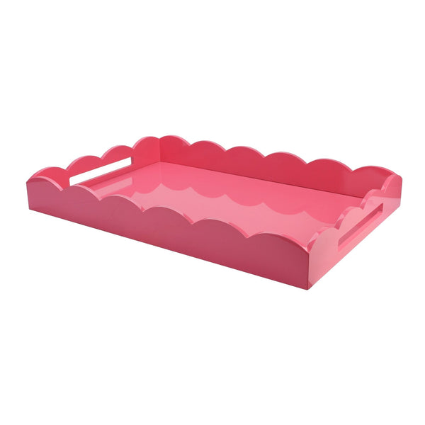 The Addison Ross Scalloped Watermelon Pink Lacquer Tray features a glossy pink finish with scalloped edges and cutout handles, all set against a white background.