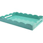 The Scalloped Turquoise Lacquer Tray Collection by Addison Ross features a rectangular, high-gloss tray with scalloped edges and cutout handles.