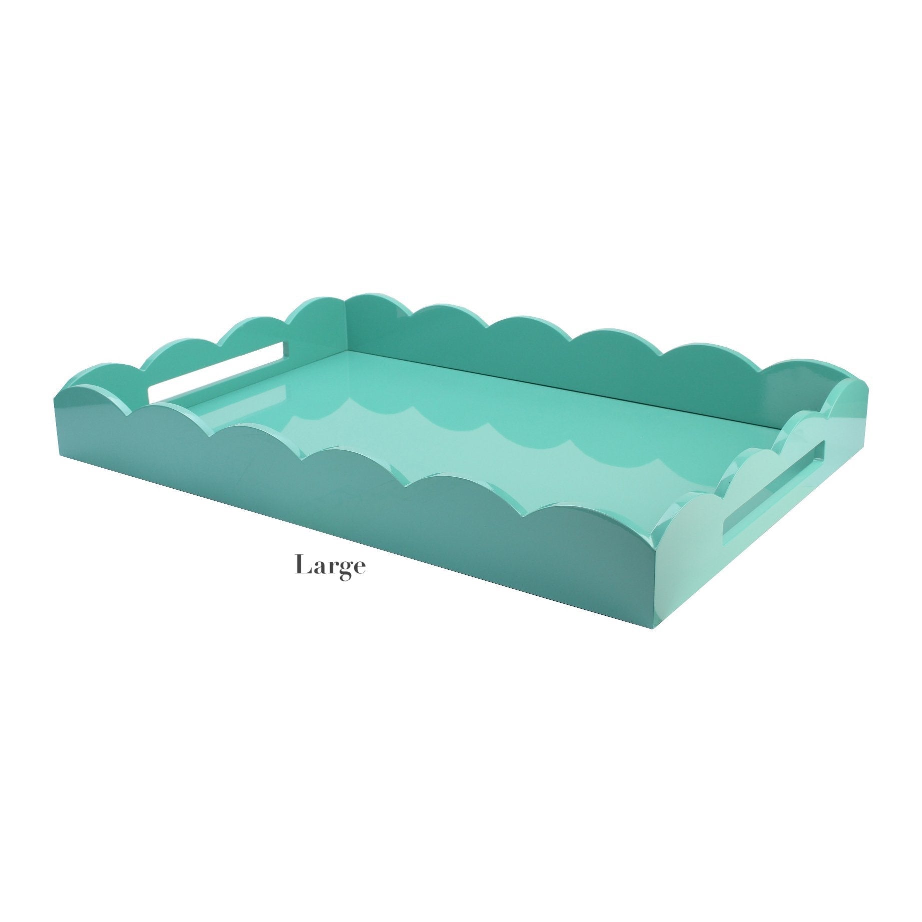 The Addison Ross Scalloped Turquoise Lacquer Tray from the Scalloped Turquoise Lacquer Tray Collection features a large rectangular shape, scalloped edges, and cutout handles for easy carrying.