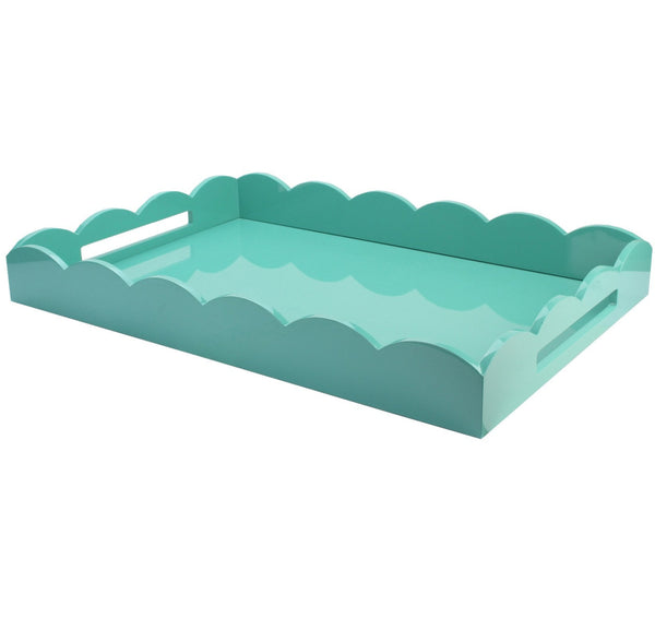 The Addison Ross Scalloped Turquoise Lacquer Tray from the Addison Ross collection, featuring scalloped edges and cutout handles, makes an elegant drinks tray for serving refreshments.