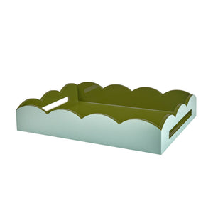 The Addison Ross Eau De Nil & Khaki Lacquered Scallop Two-Tone Tray features a high gloss finish, light blue exterior, olive green interior, and cut-out handles on each side.