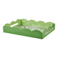 The Palm Beach Scallop Tray Collection by Addison Ross features a rectangular green tray with scalloped edges, side handles, and a high-gloss lacquered leaf-patterned interior.