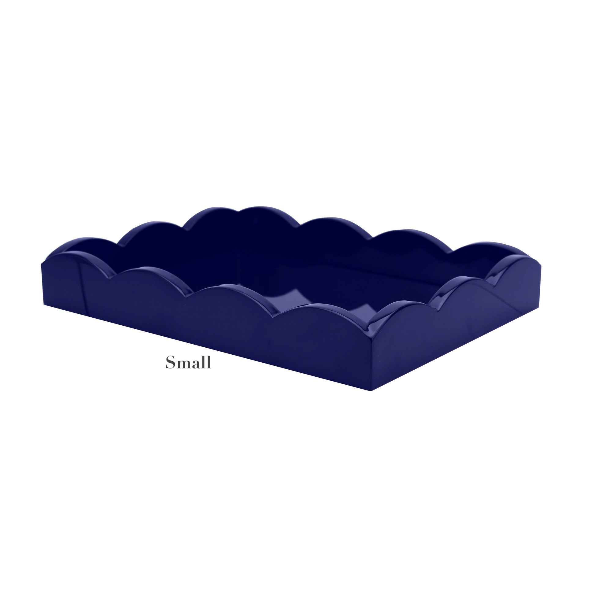 The Addison Ross Scalloped Navy Lacquer Tray Collection features small rectangular trays with a glossy finish, elegant scalloped edges, and subtle branding.